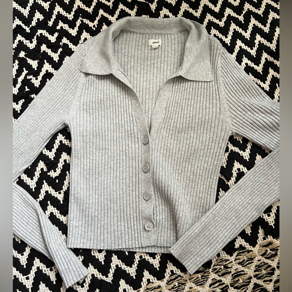 Aerie Gray Ribbed Button-Up Cardigan